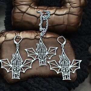 🆕 Haunted House w Bath Wings Laser Cut Necklace and Earrings Set Stainless Steel
